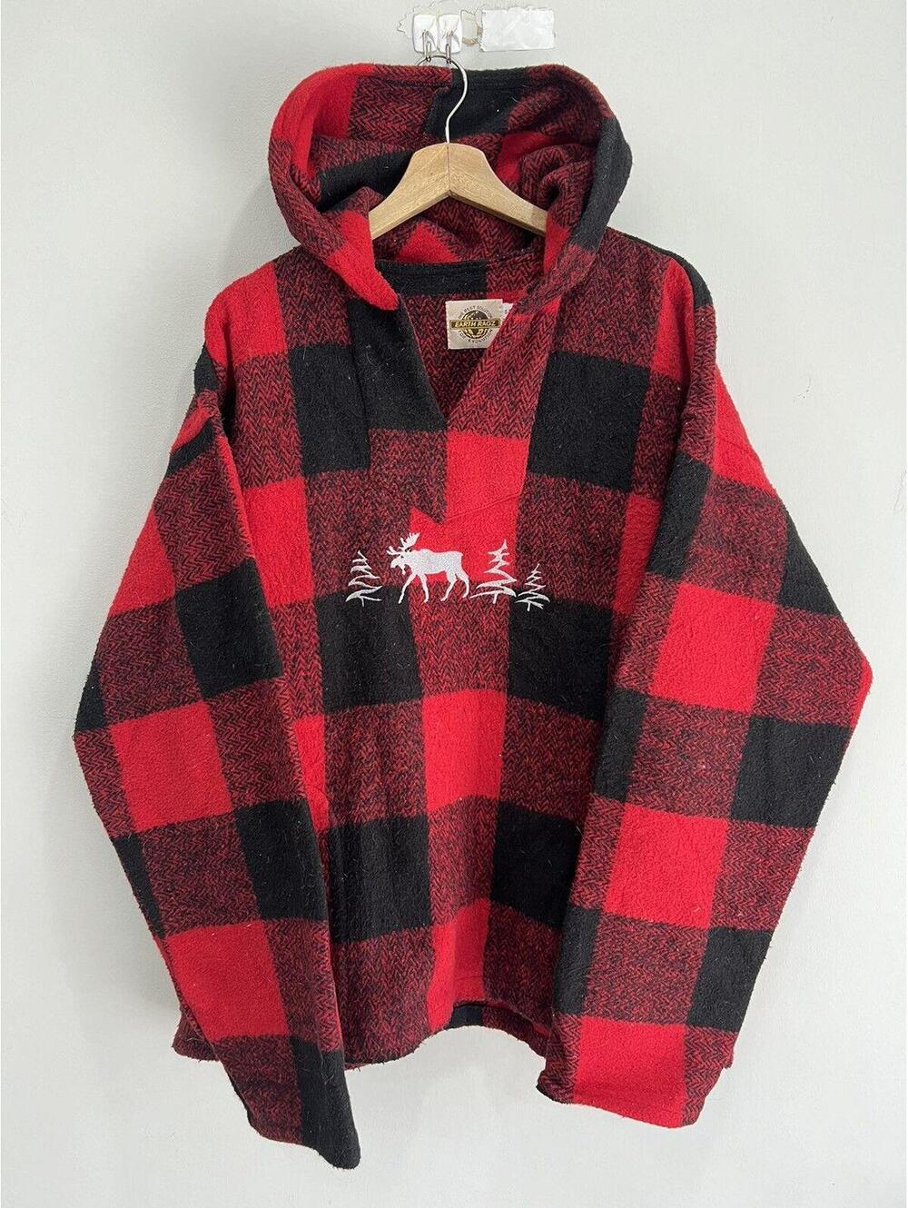 Vintage Earth Ragz Plaid Hoodie Sweater moose buffalo animal